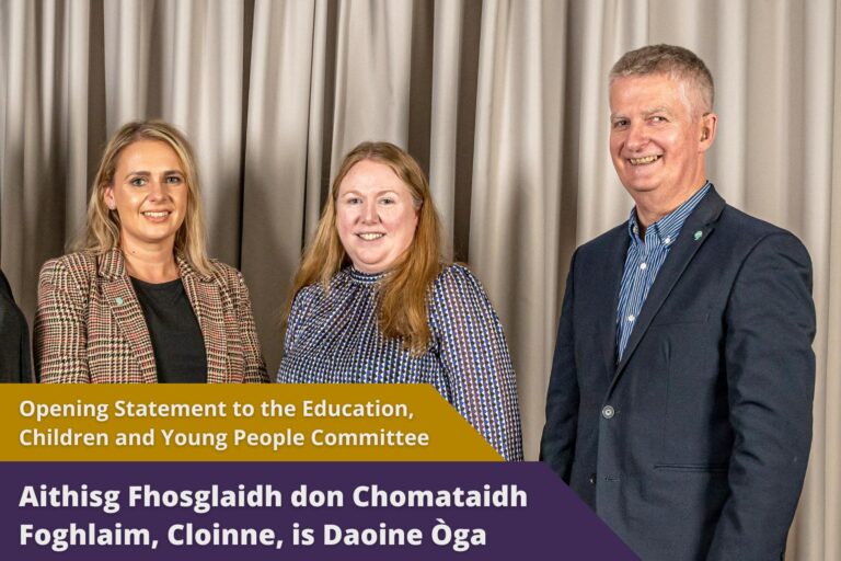Picture: BnG Senior Management Team standing together. From left to right: Jennifer McHarrie, Ealasaid MacDonald, Iain MacMillan. Text reads 'Opening statement to the Education, Children, and Young People Committee.'